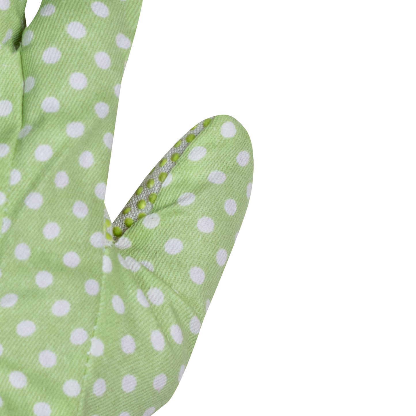 100% Cotton gardening glove in pastel polka dots with PVC dots on the palm for grip